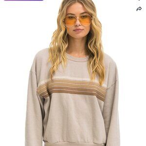 Aviator Nation 5 Stripe Relaxed Crew Sweatshirt in Sand Size M